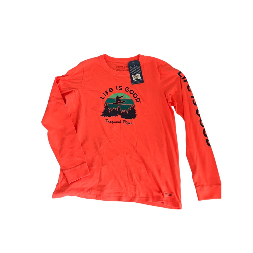 Life is Good Womens Crusher L/S T-Shirt L Orange Snowboard Frequent Flyer NWT